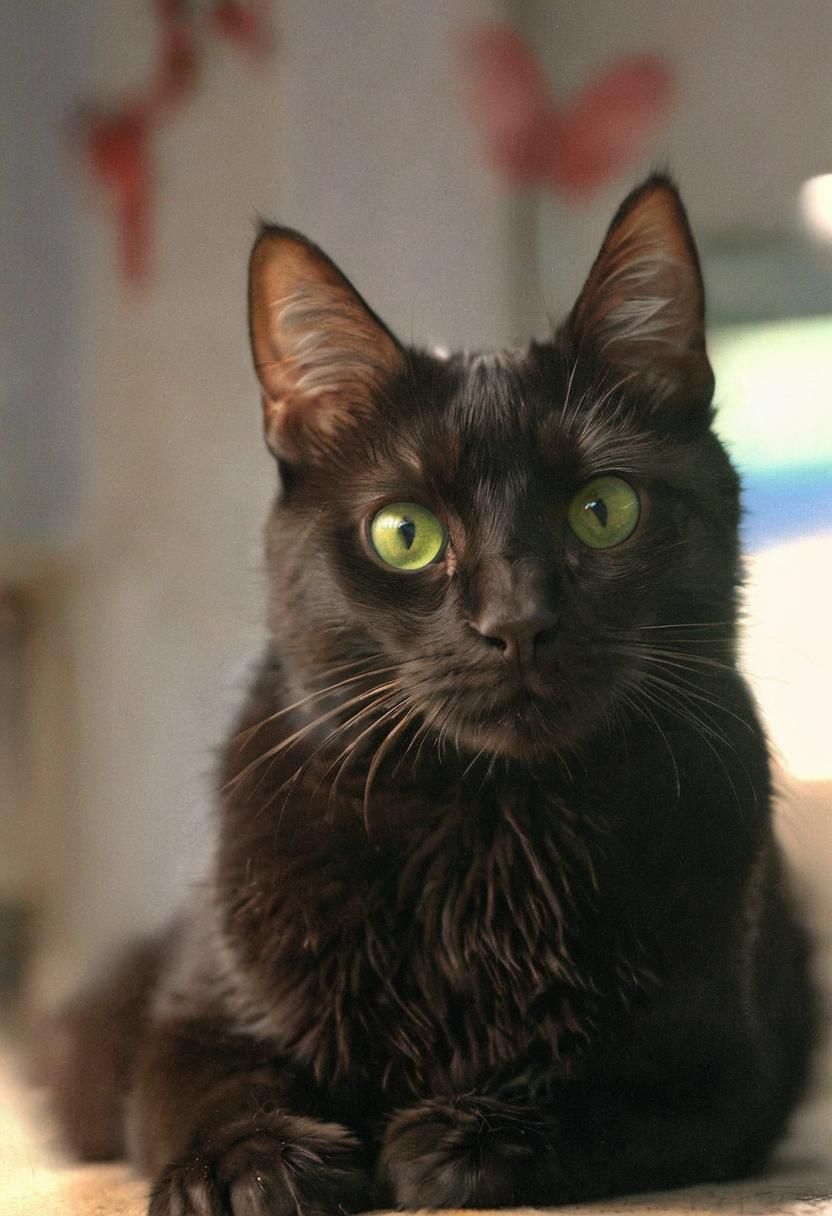 Charming Black Cat Portrait with Emerald Eyes
