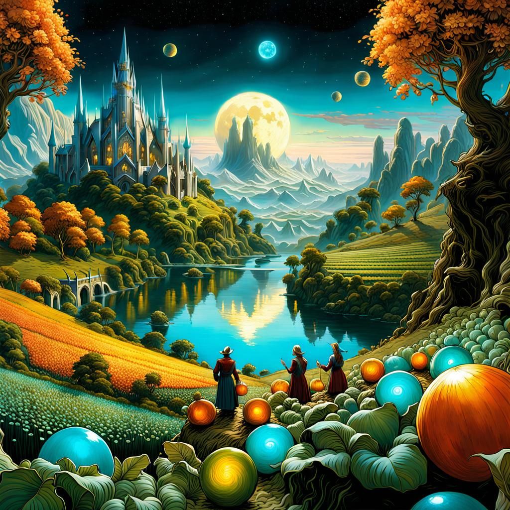 Elves Harvesting with Bioluminescent Spheres, Fantasycore Ar...