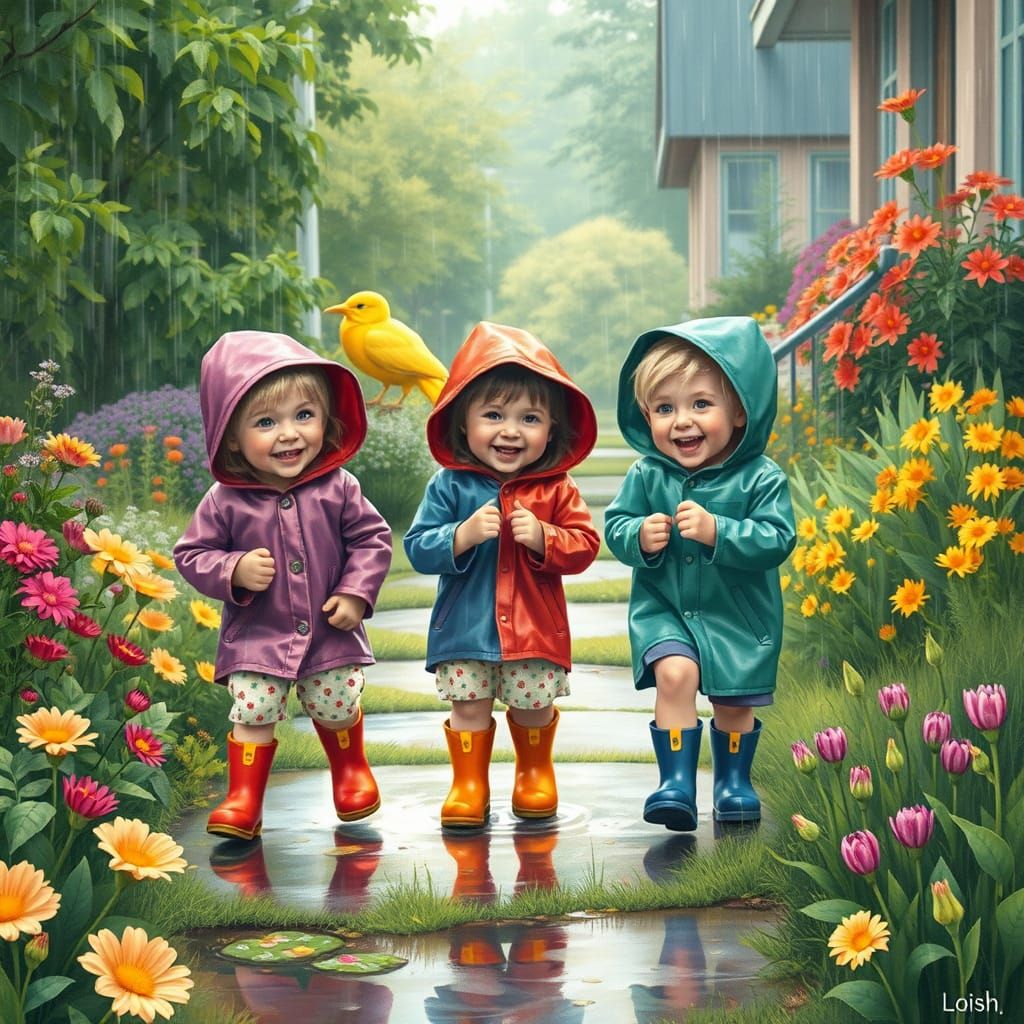 Kids Play in Summer Rain, Detailed Realism