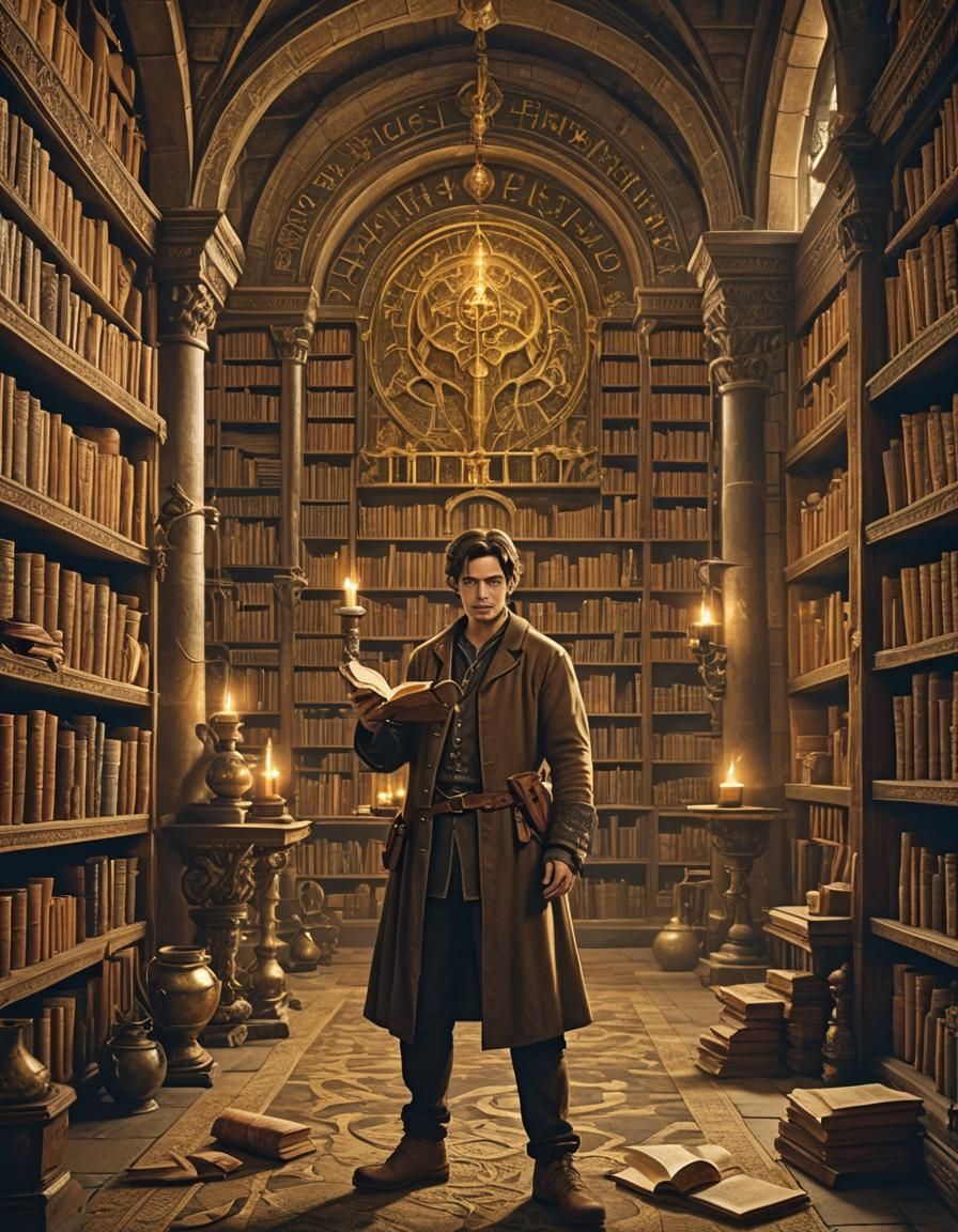 movie poster for 'The Last Alchemist', mystical medieval setting, a young alchemist standing before an ancient, sprawlin...