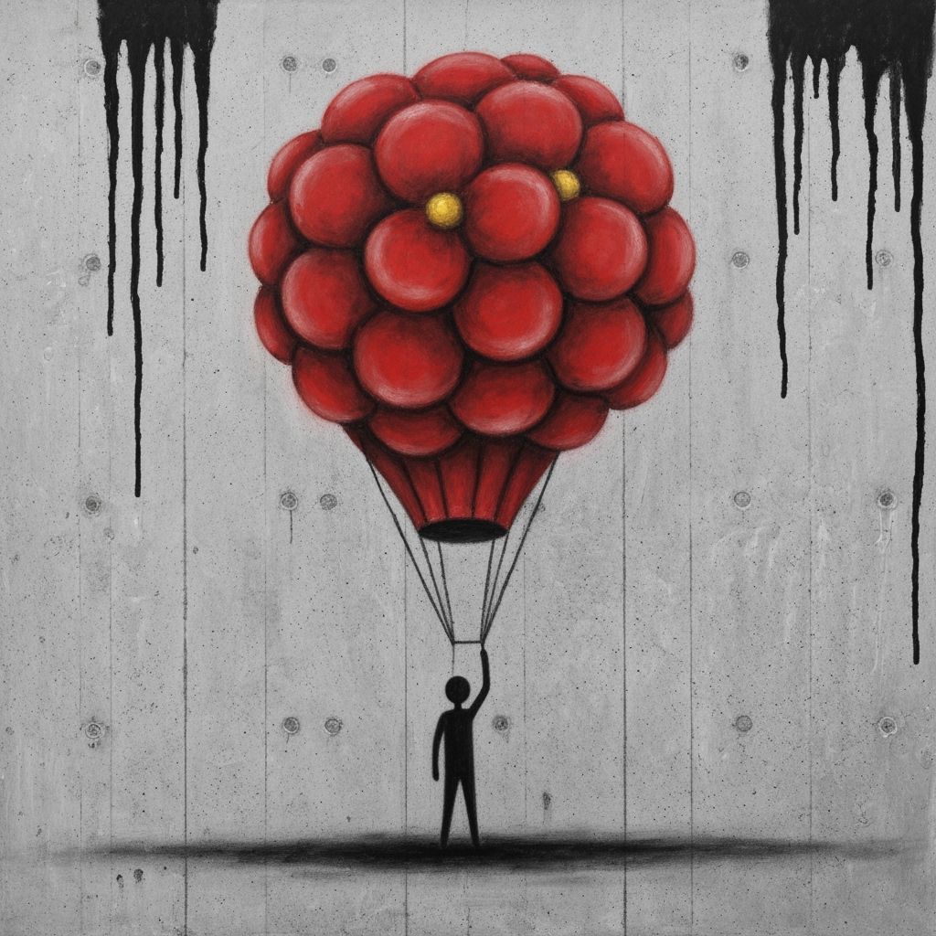 Stick Figure with Giant Red Flower Balloon in Moody Charcoal...