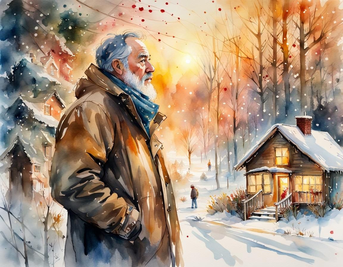 Watercolor Christmas Memory in Golden Light