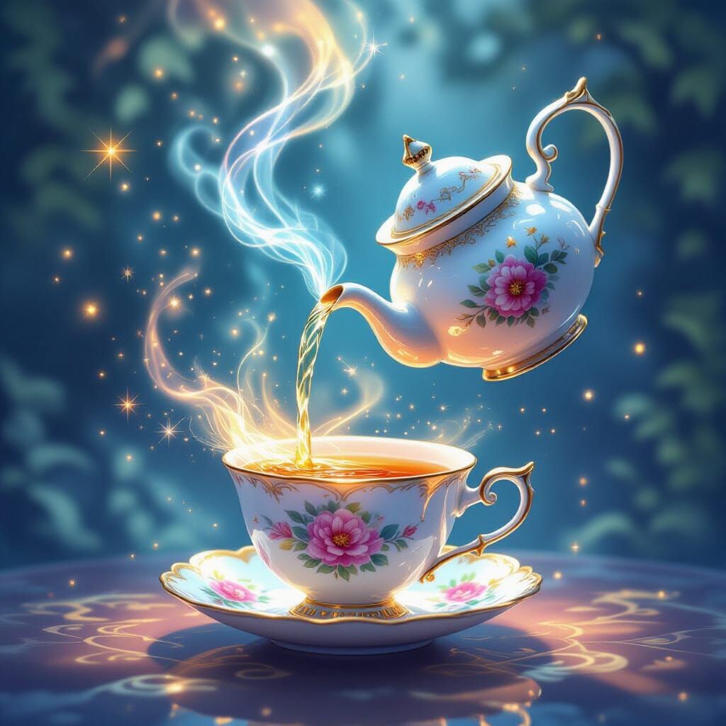 Enchanted Teapot Pours Magical Tea in Ethereal Watercolor St...