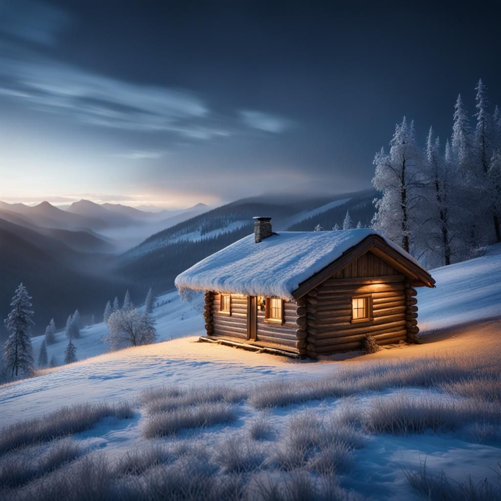 Winter Cabin at Night: Ultra-Realistic Photography