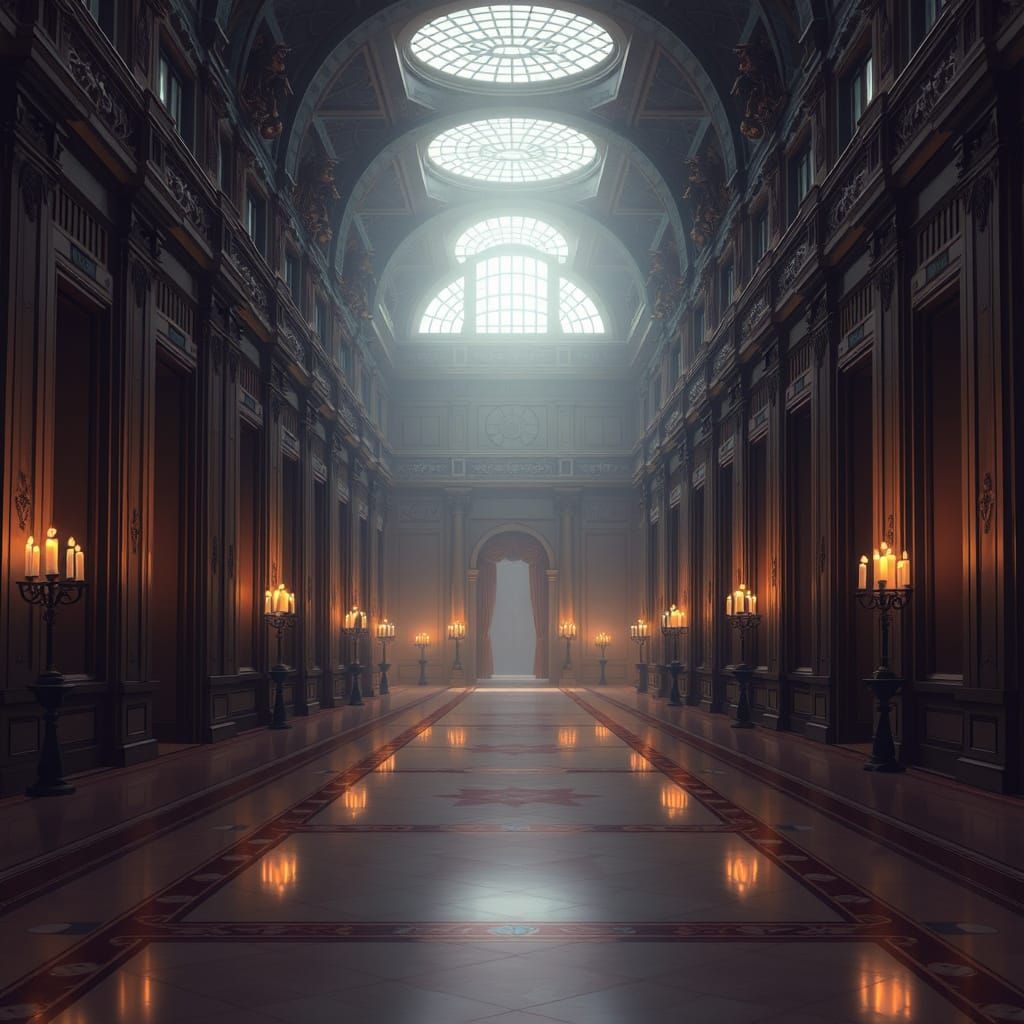 Tranquil Palace Hallway in Cel-Shaded Anime Style