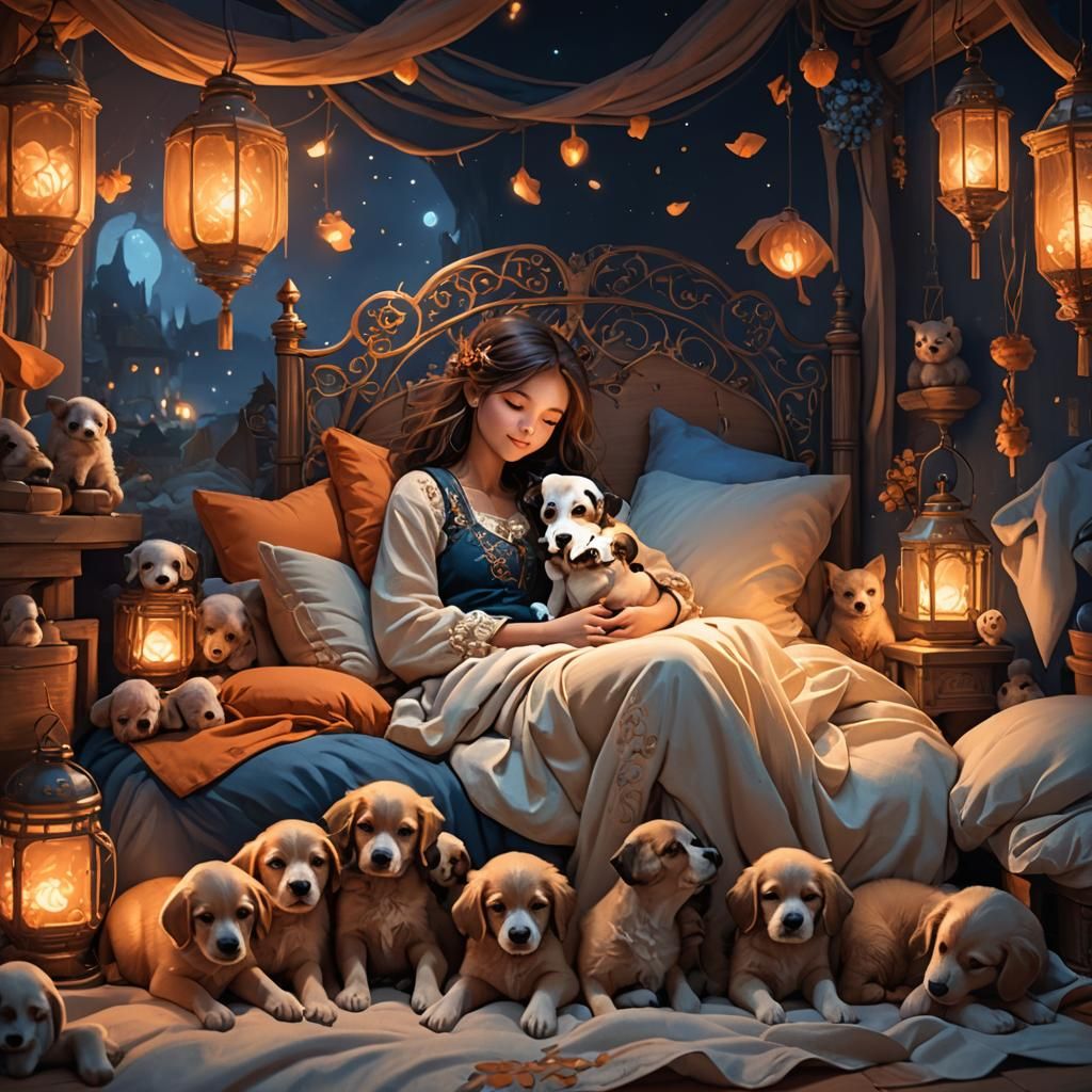Cozy Bedtime Scene with Girl and Puppies