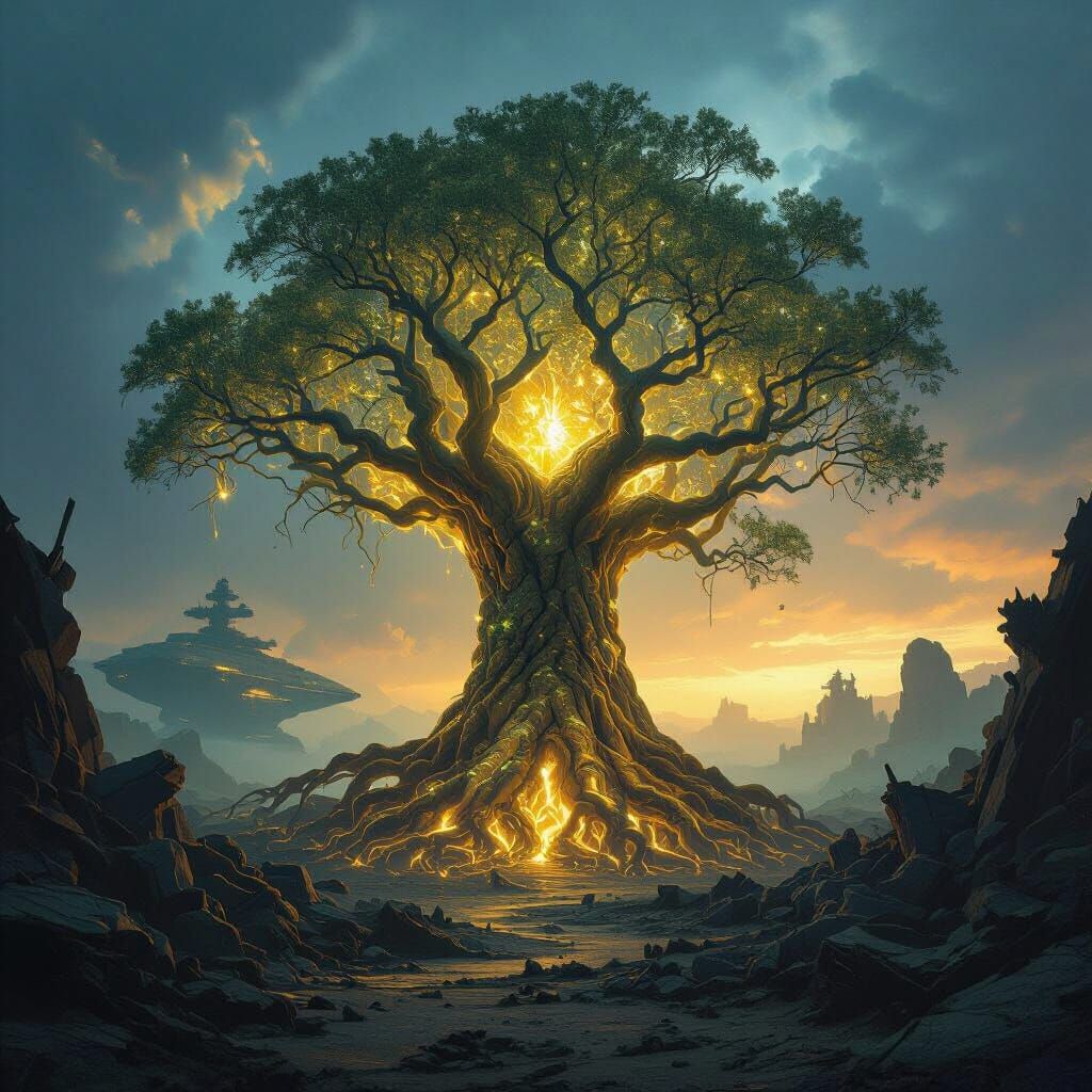 Luminous Ancient Tree Near Spaceship Wreckage
