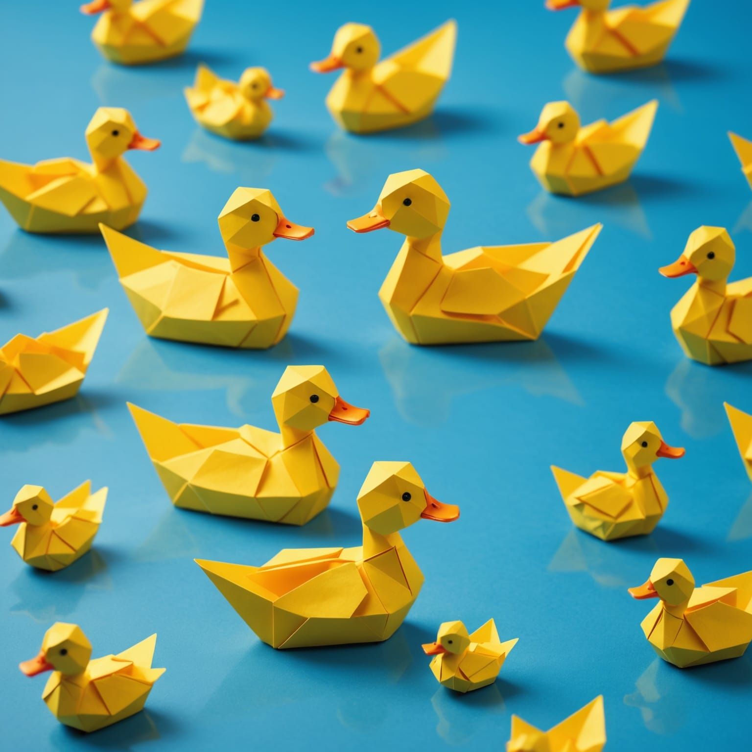 Origami Ducks Swim in a Soft Focus Blue Pond