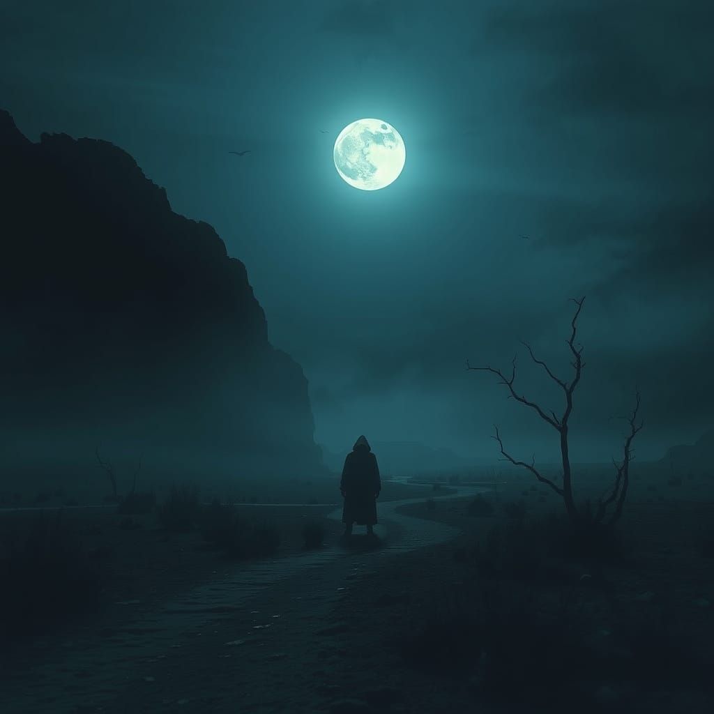Eerie Moonlit Figure in Dystopian Landscape