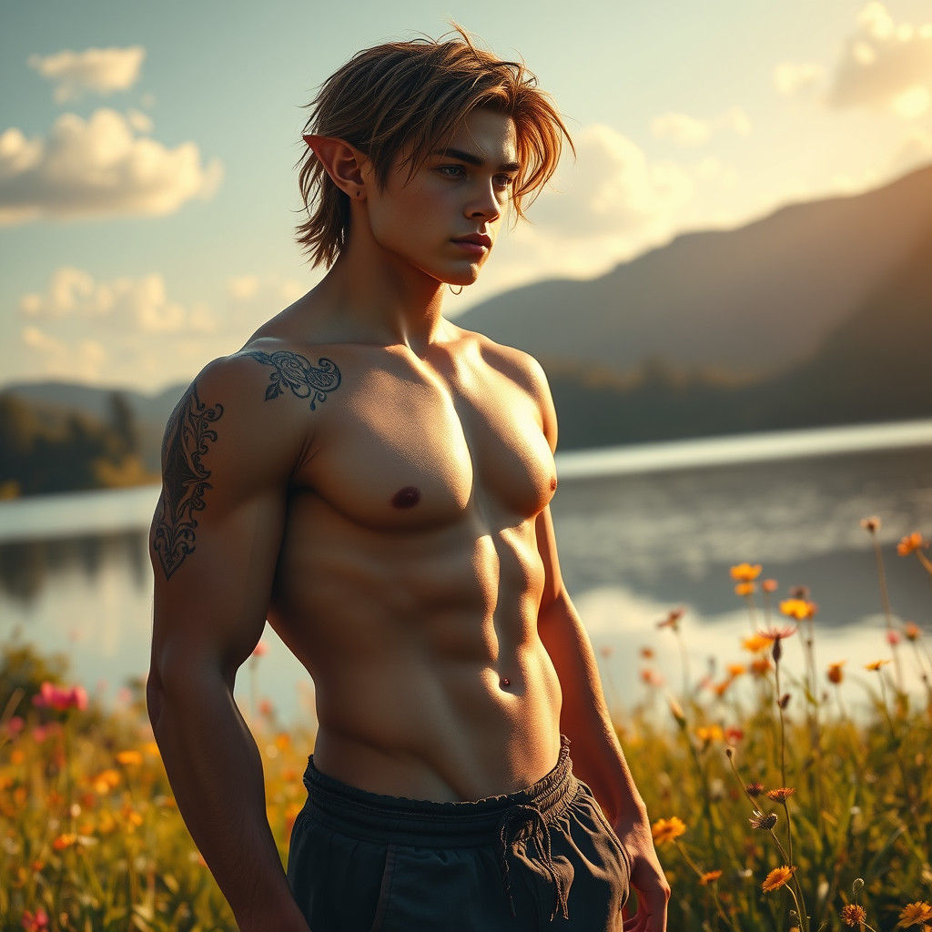 Elf Bodybuilder in Shadowrun Style on Summer Meadow