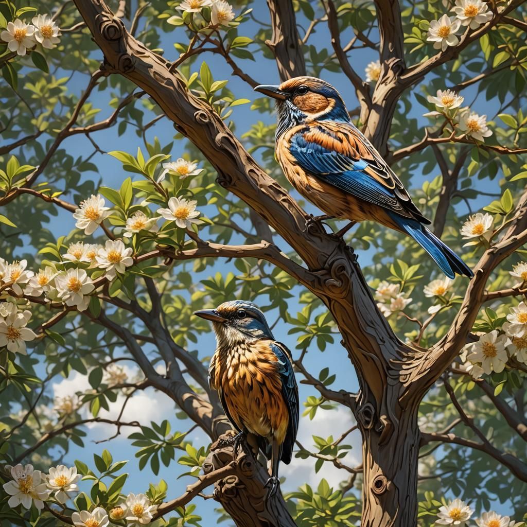 Summer Tree Bird in Pre-Raphaelite Style