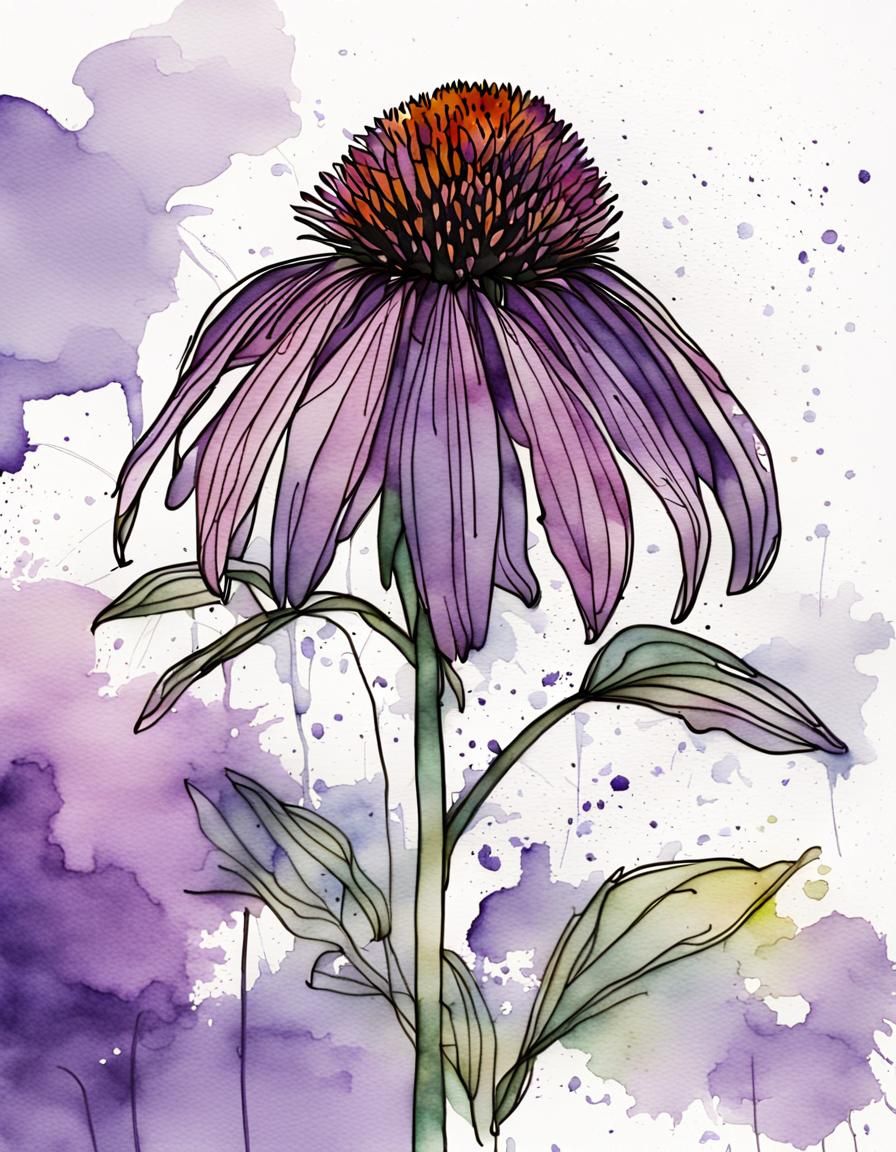 Purple Coneflower One Line Art with Watercolor