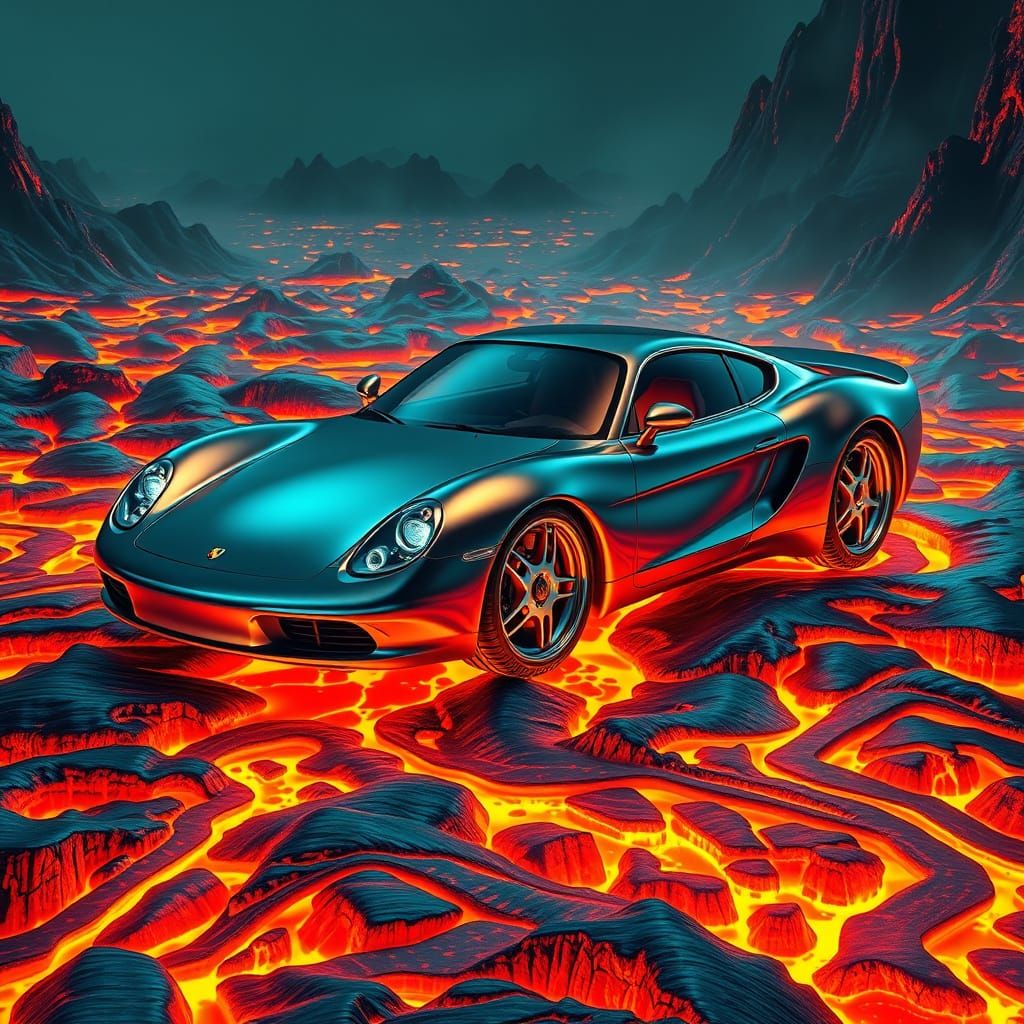 Metallic Car Melts in Surreal Lava Landscape
