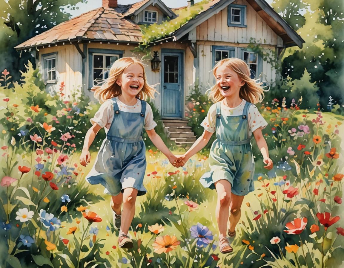 Joyful Children in Swedish Garden, Watercolor Painting