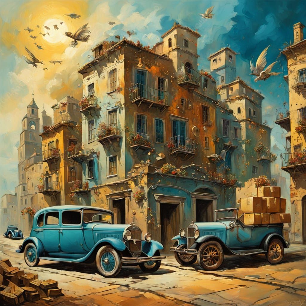 Fairy in Cardboard Box Rolls Through Vintage Cityscape