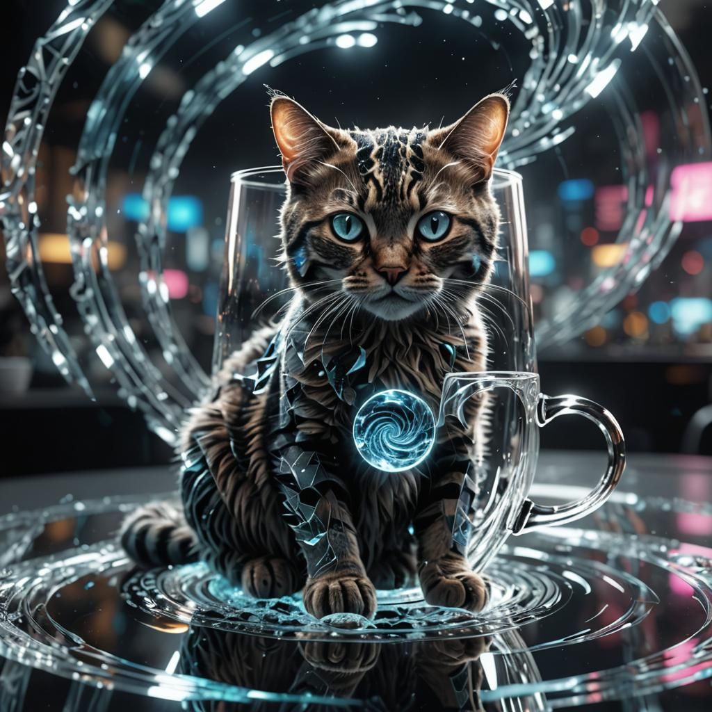 Cyberpunk Crystal Cat with Fractal Coffee Art
