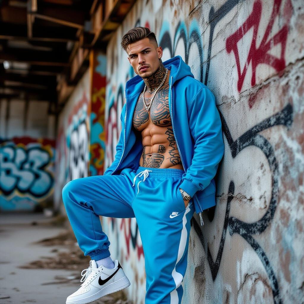 Athletic Male Model with Tattoos in Urban Setting