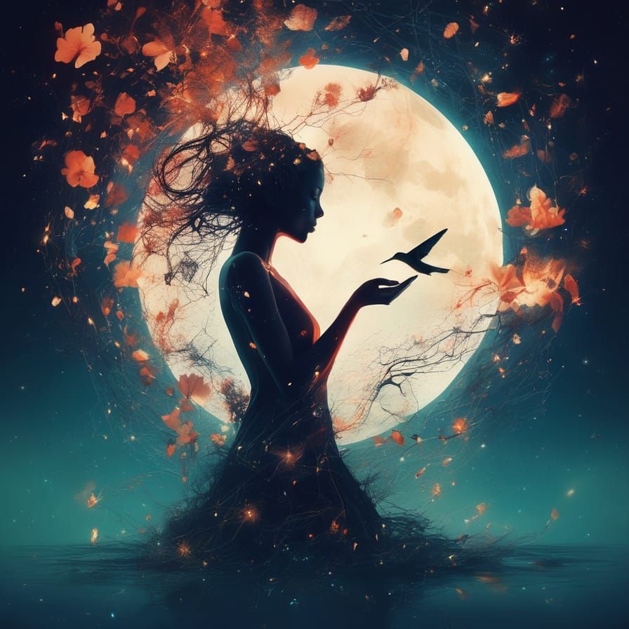 Woman as Solar Eruption in Double Exposure