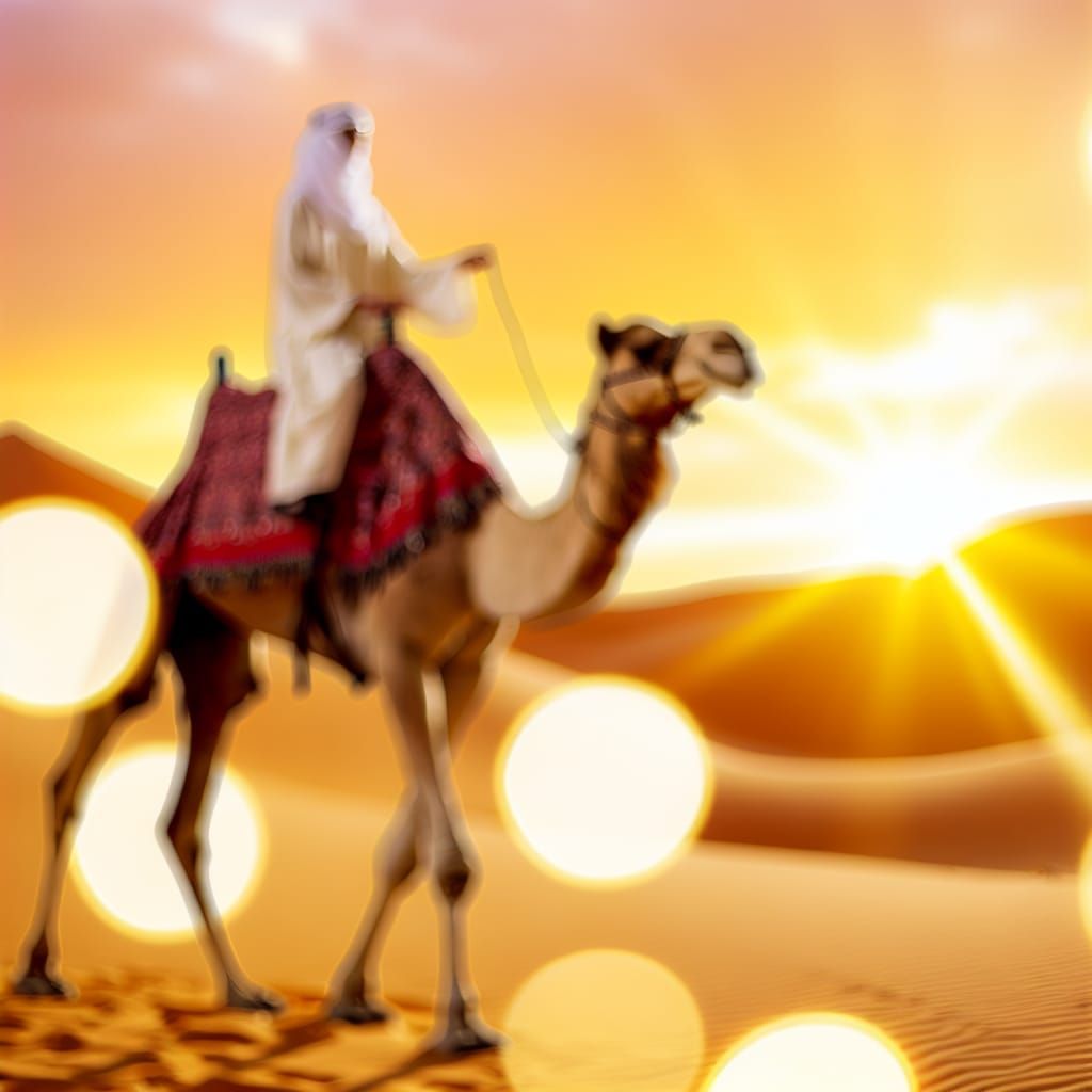 Arabian Woman Rides Camel at Sunset: High Resolution
