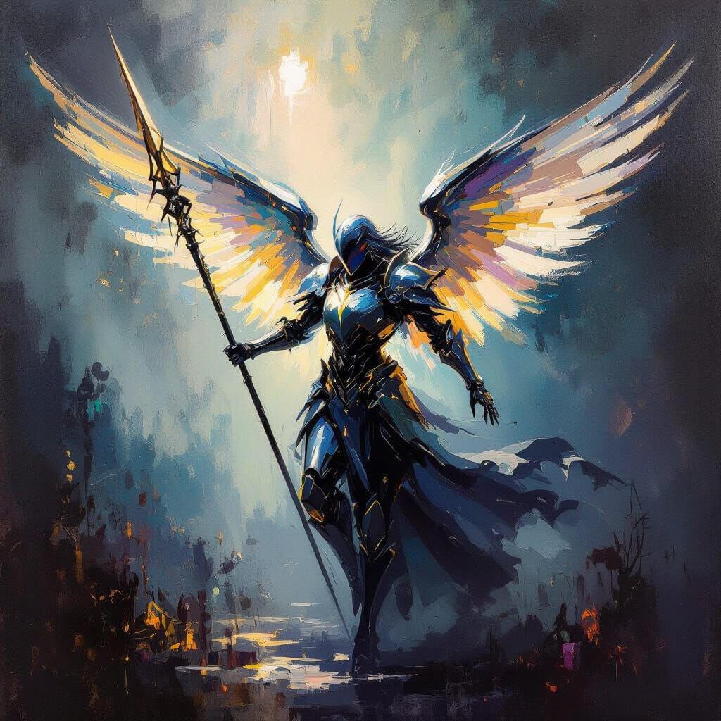 Impressionistic Mechanical Angel Wielding Spear