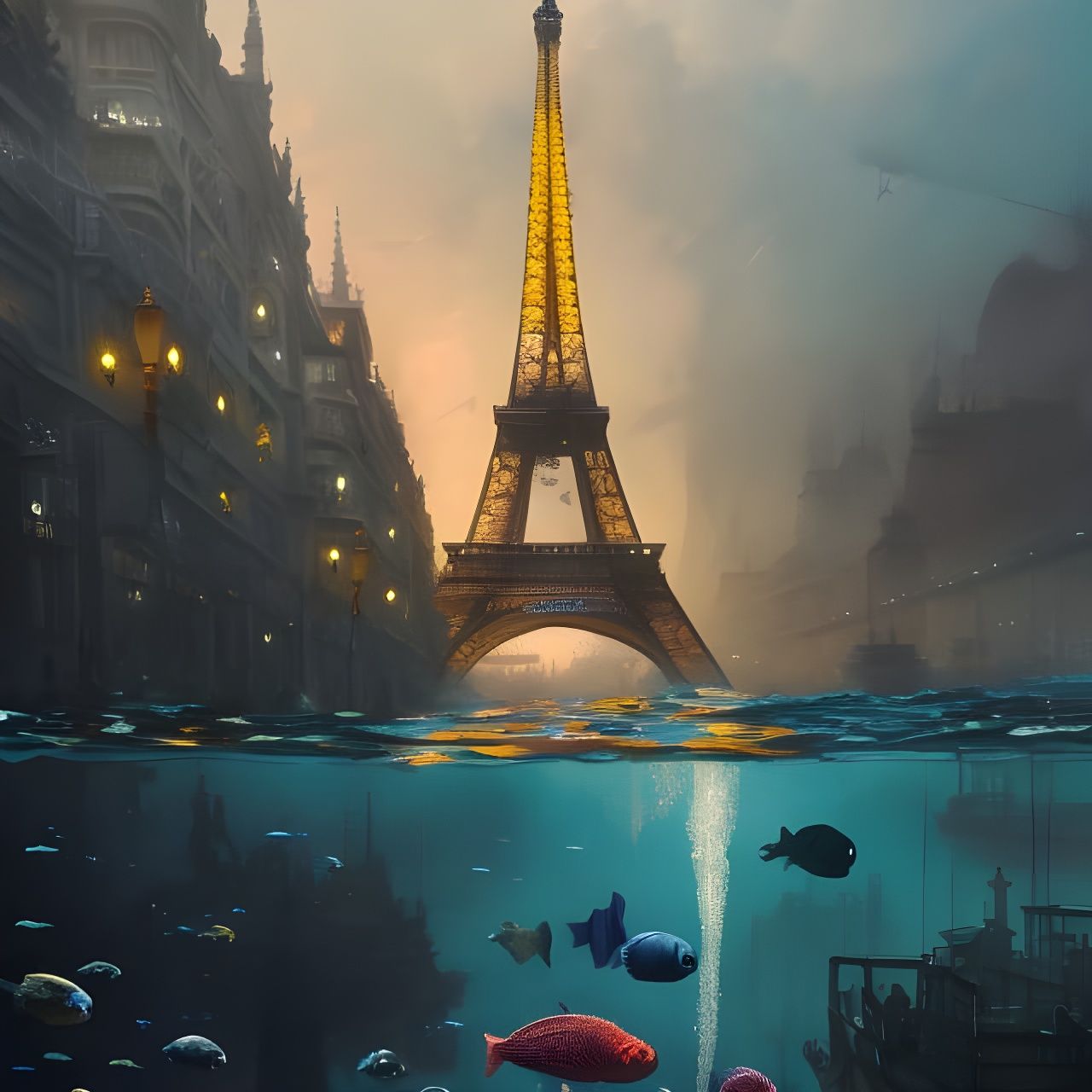 Underwater Eiffel Tower: Paris Cityscape Concept Art