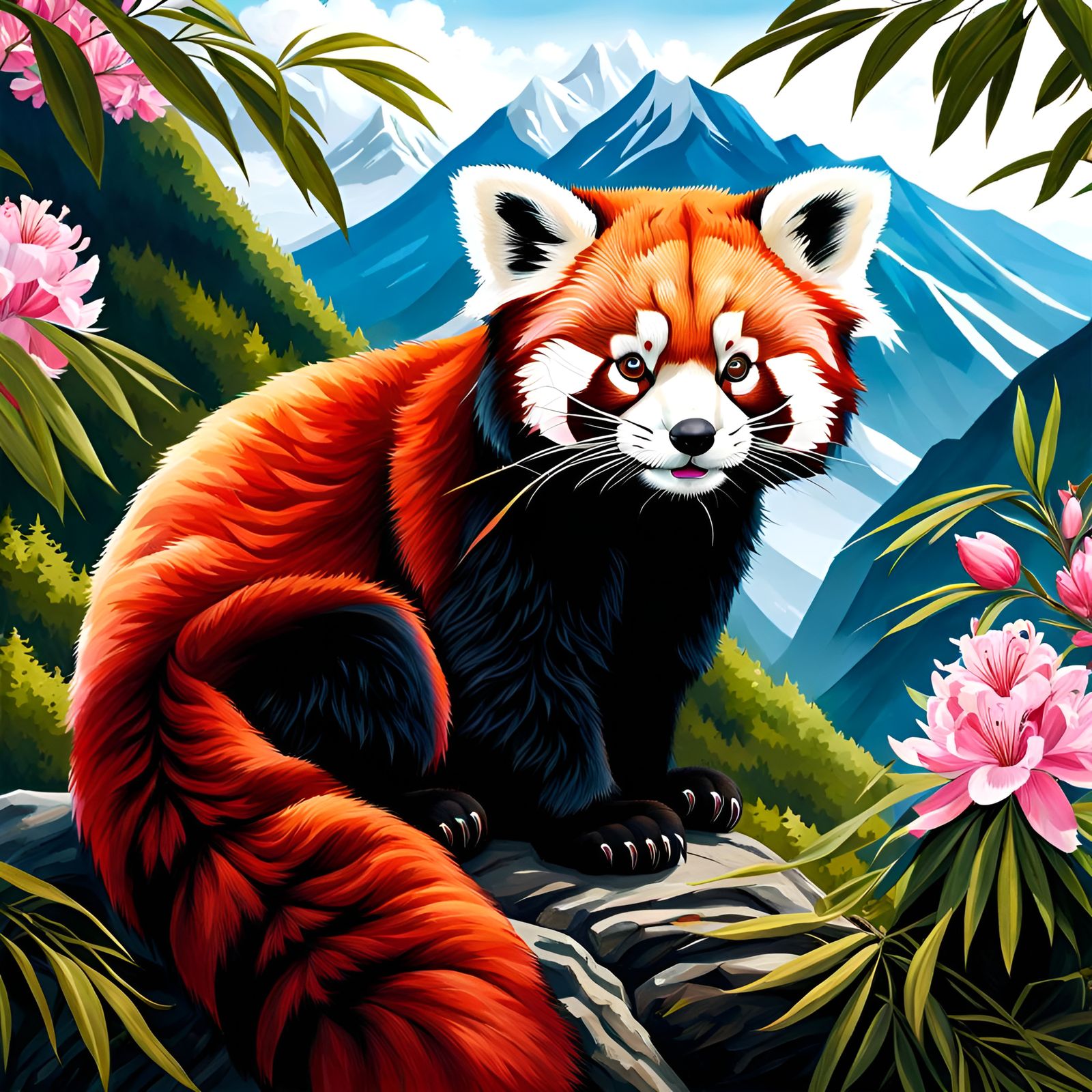 Red Panda in Mountain Landscape Oil Painting