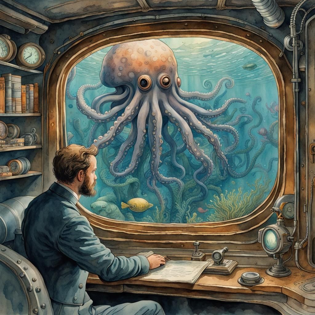Underwater Encounter: A Jules Verne Inspired Watercolor