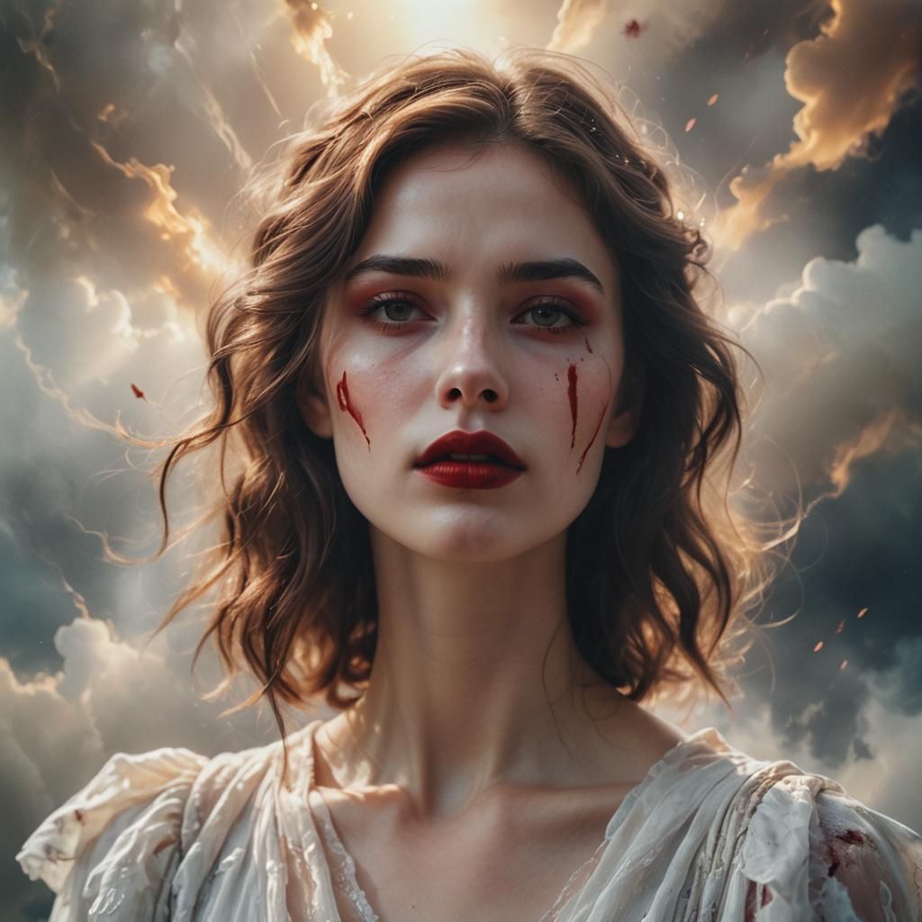 Ethereal Woman in Clouds: A Dreamy Oil Painting