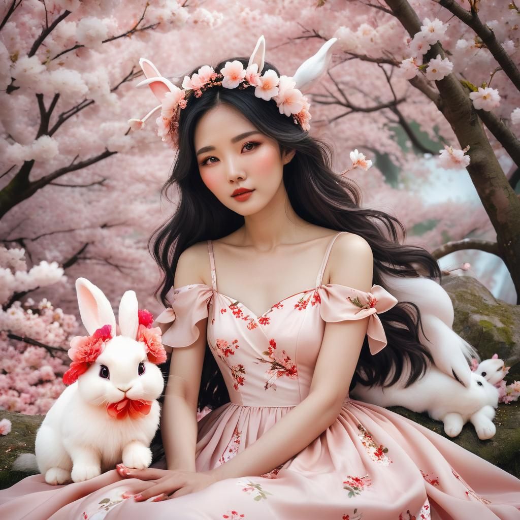 Woman and Rabbit in Cherry Blossom Garden: 3D Anime Art