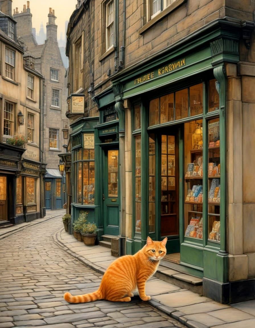 Edinburgh Street Scene with Cat, Watercolour and Ink