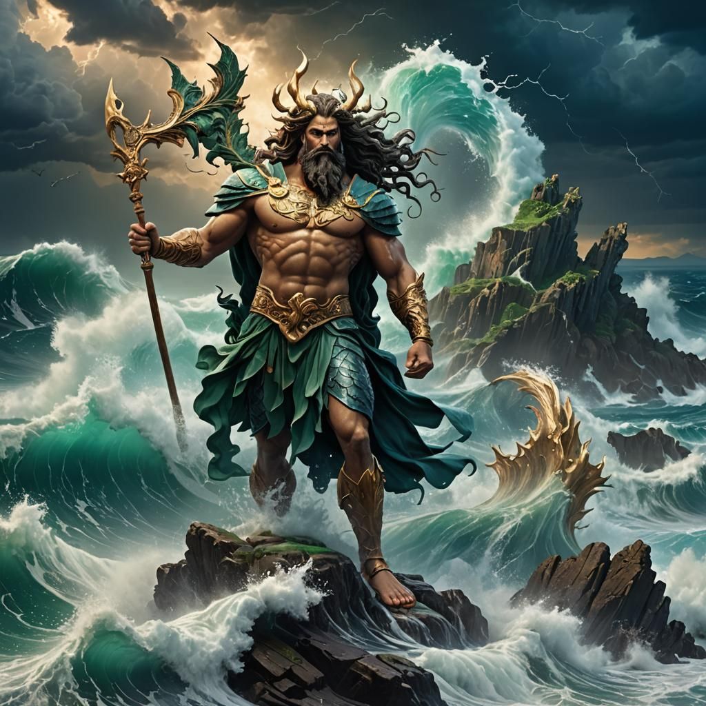 Poseidon at Stormy Sea Edge: Fantasy Concept Art