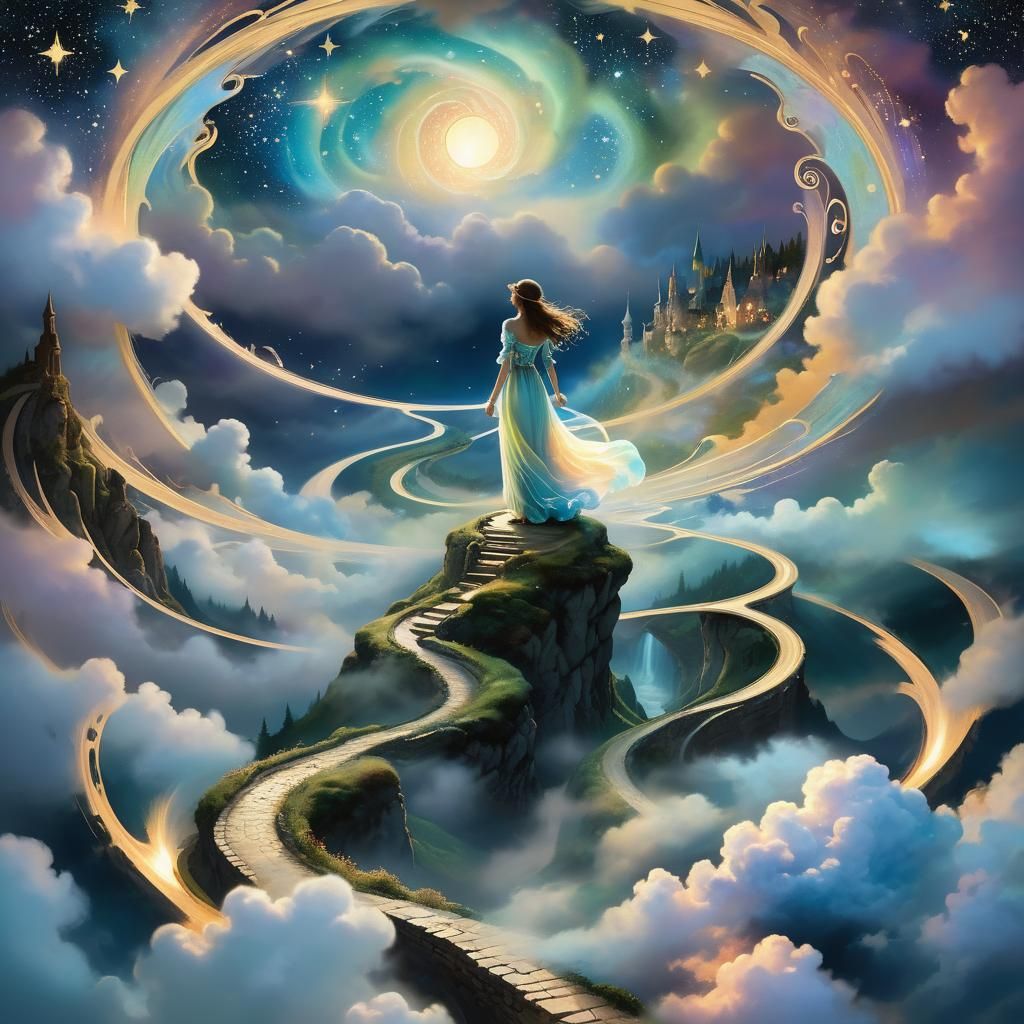 Mystical Figure at the Crossroads: Art Nouveau Dreamscape