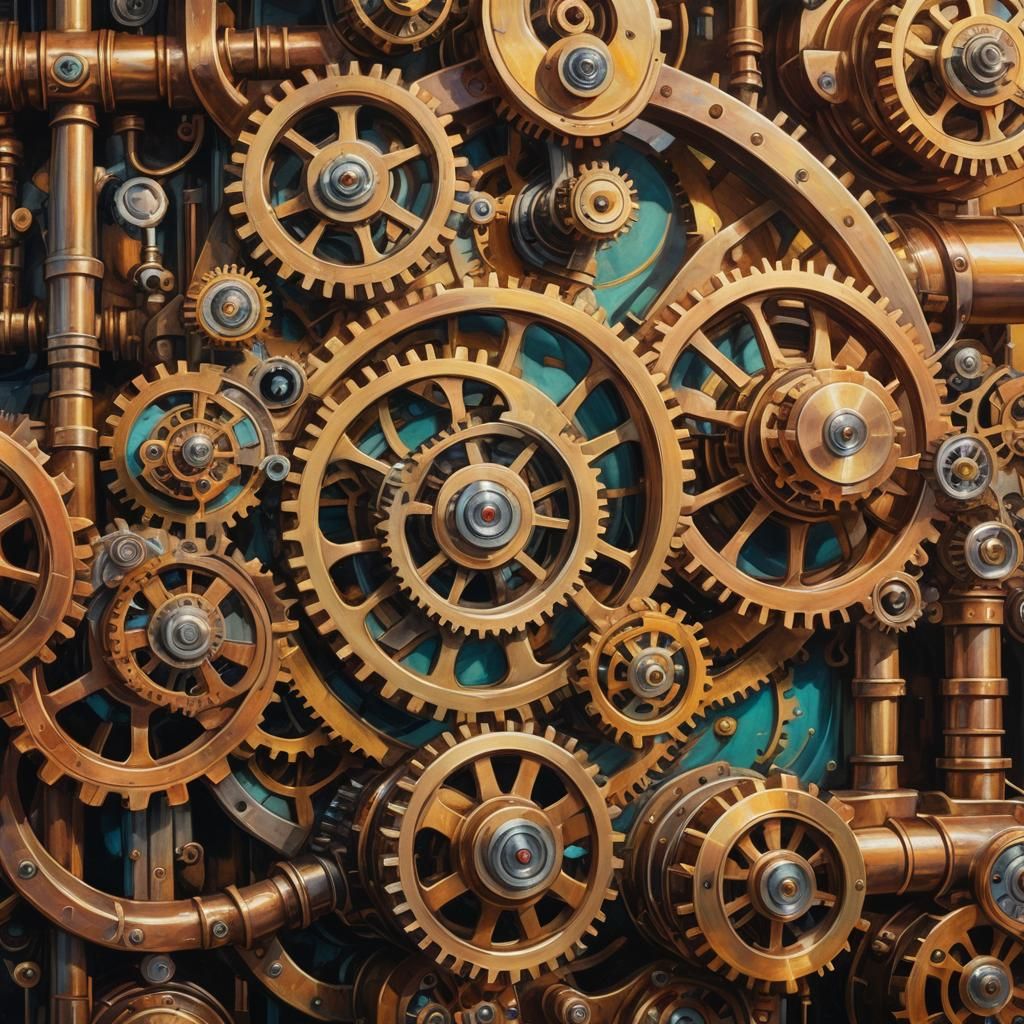 Steampunk Engine with Clockwork Gears in Oil Painting