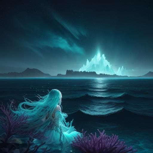 Ethereal Girl Stares into Bioluminescent Ocean