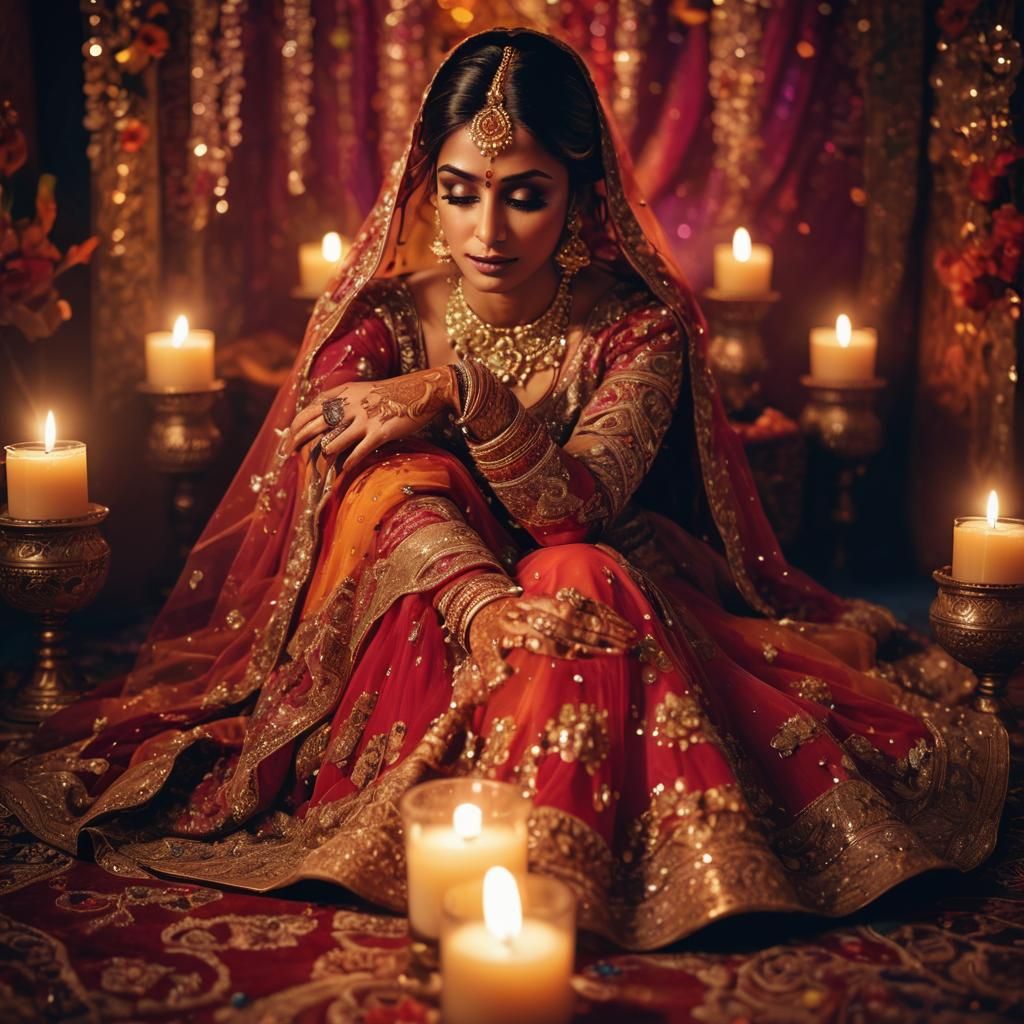 Bejeweled Indian Bride Portrait in Art Nouveau Style