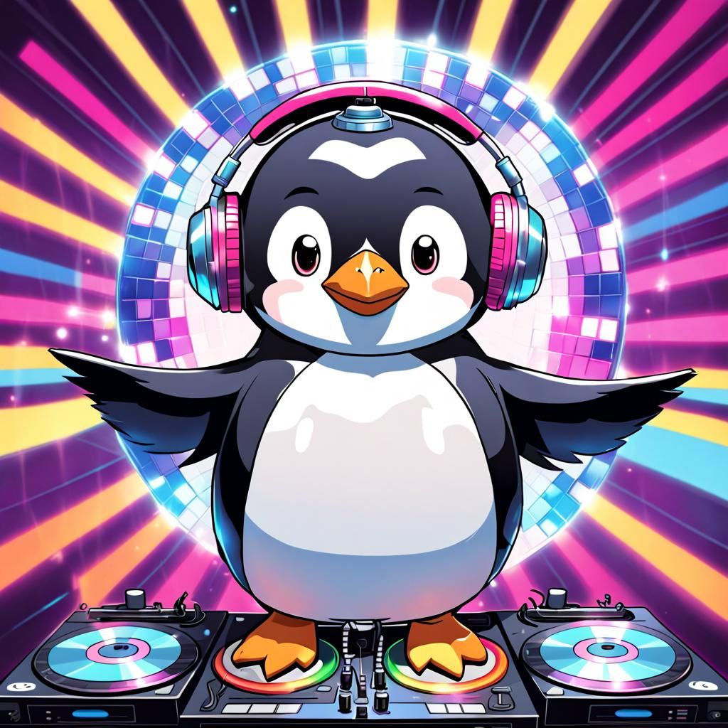 Disco Penguin DJ in 2D Cartoon Style