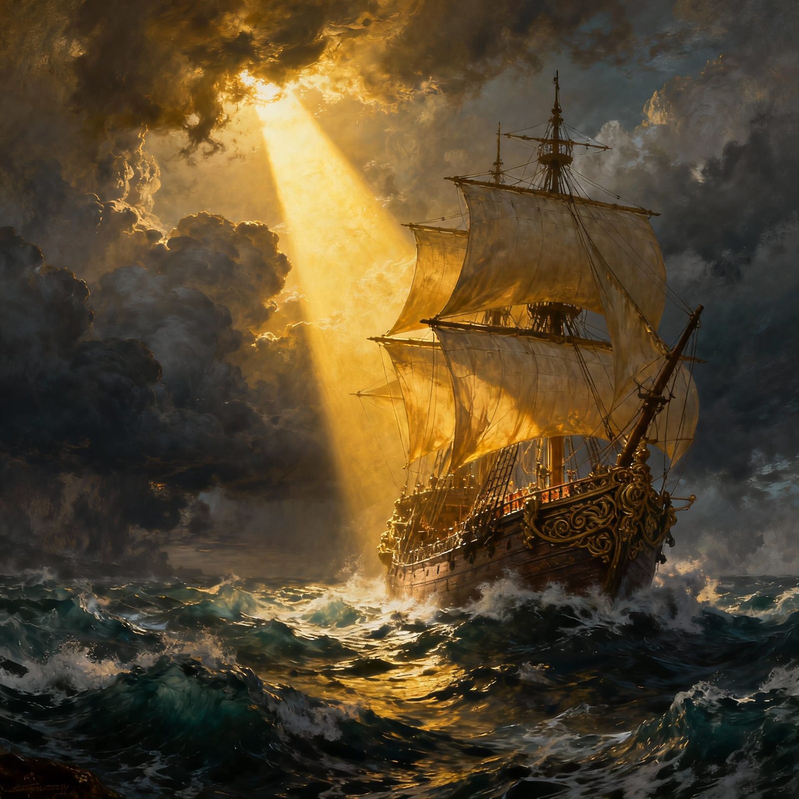 Royal Galleon Navigates Stormy Seas Under Divine Light