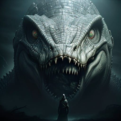 Surreal Portrait of a Ghostly Mosasaur in a Primordial Lands...