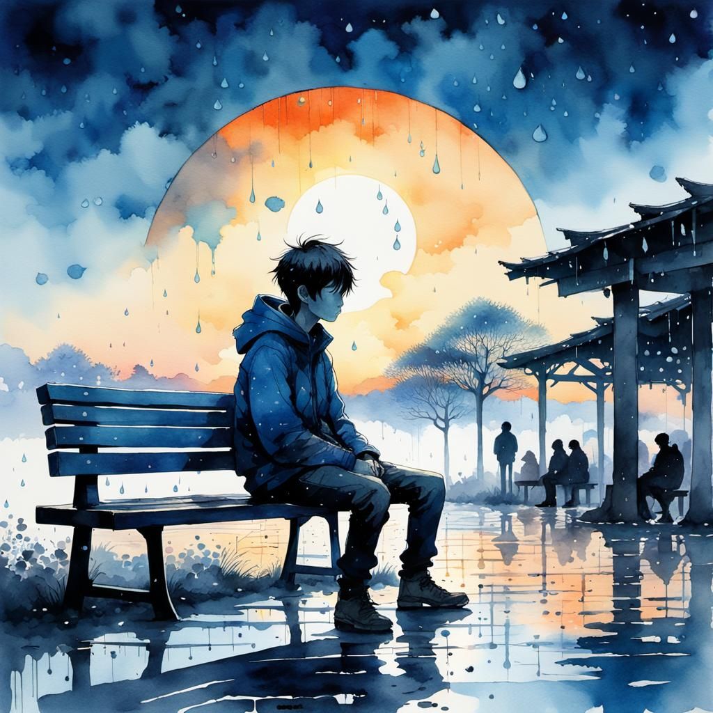 Boy in Rainy Sunset: Vibrant Watercolor Art