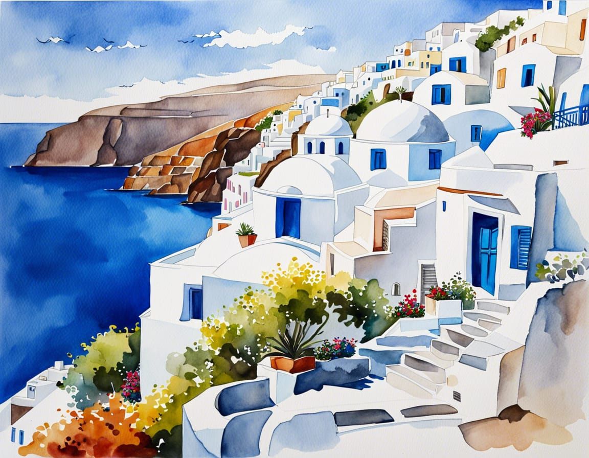 Santorini Greece: Ultra Realistic Watercolor Painting
