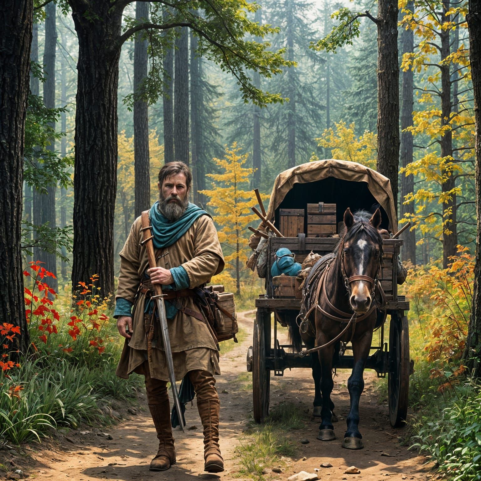 Fantasy Wagon Driver in Forest, Detailed Digital Art