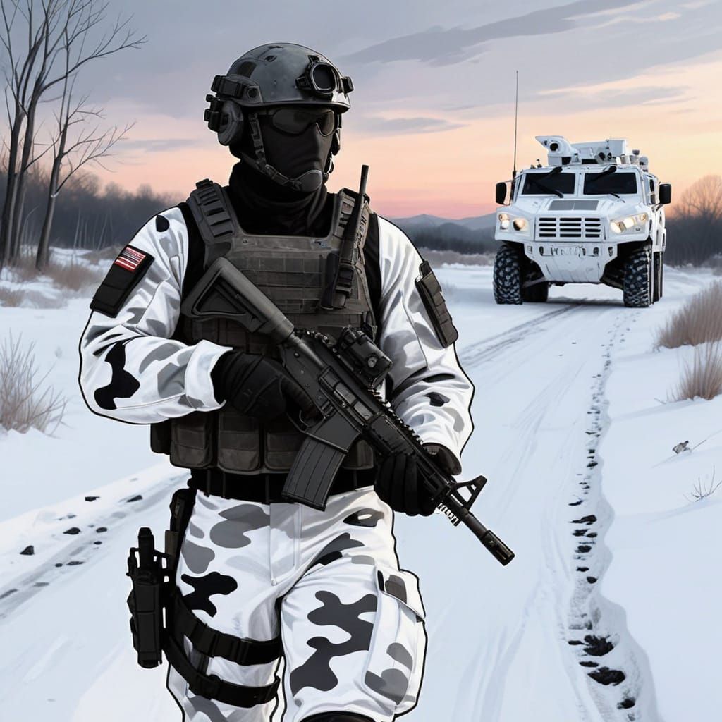 Winter Soldier on Snowy Trail in Dusk