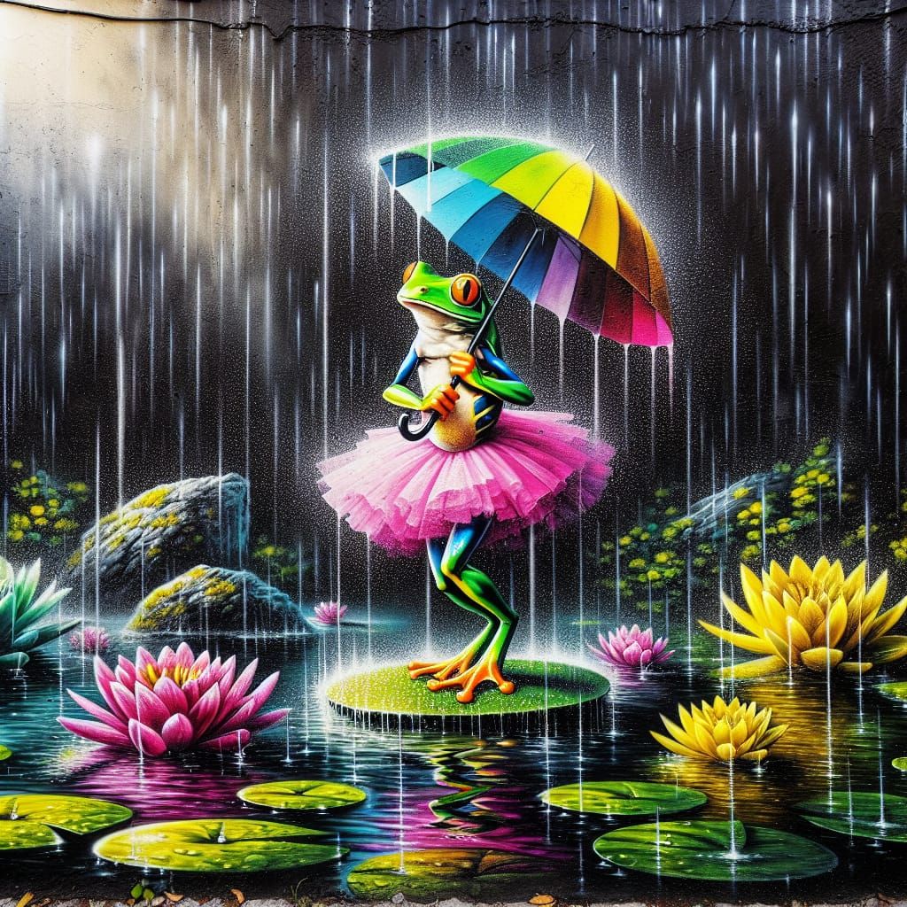 Frog in Tutu Dancing in Rain, Street Art Style