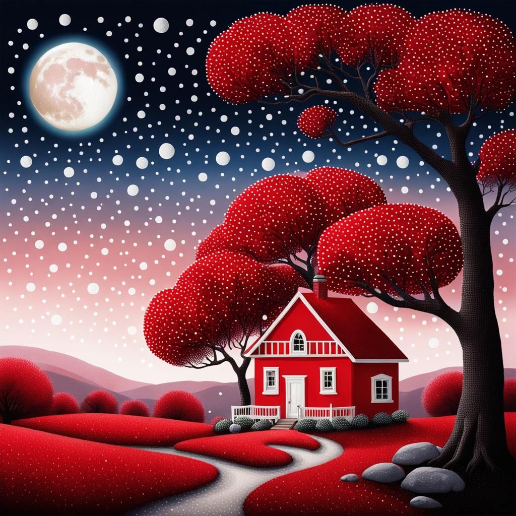 Pointillist Red Fairy House Scene