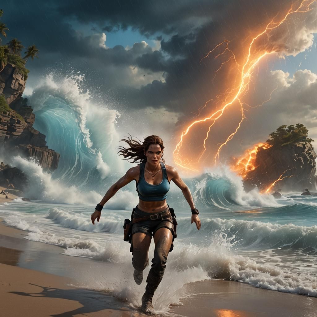 Lara Croft Running on Beach in Rain, Fantasy Art