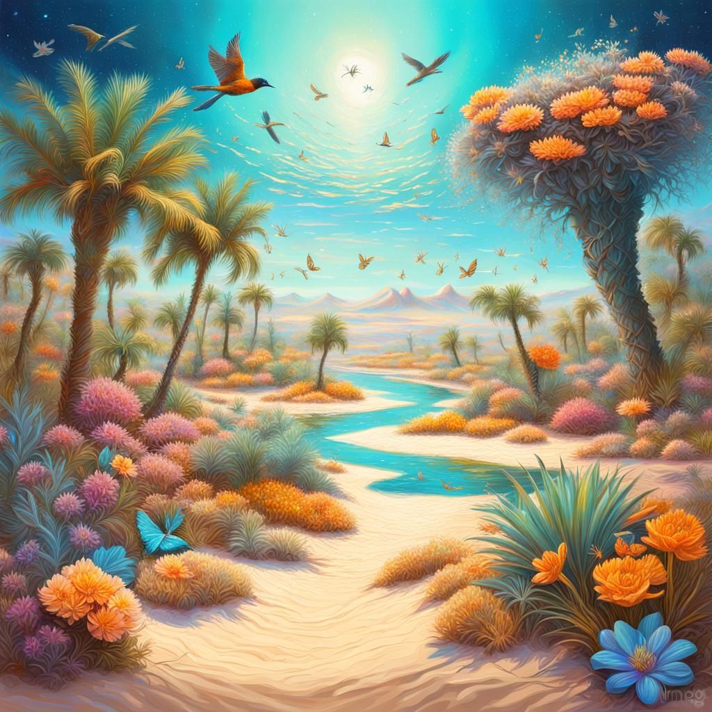 Lush Oasis on Desert Island: Astral Cosmic Illustration