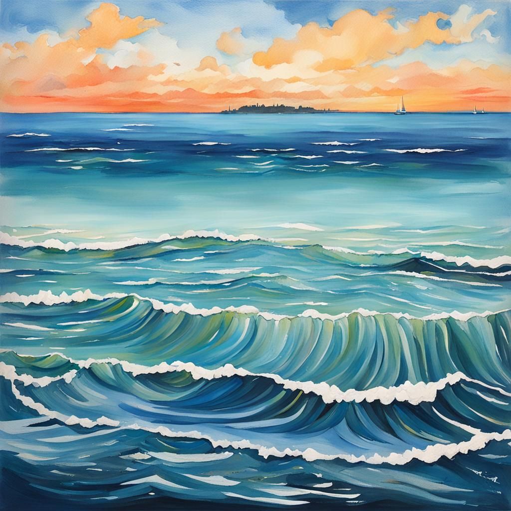 Peaceful Ocean Skyline in Gouache Style
