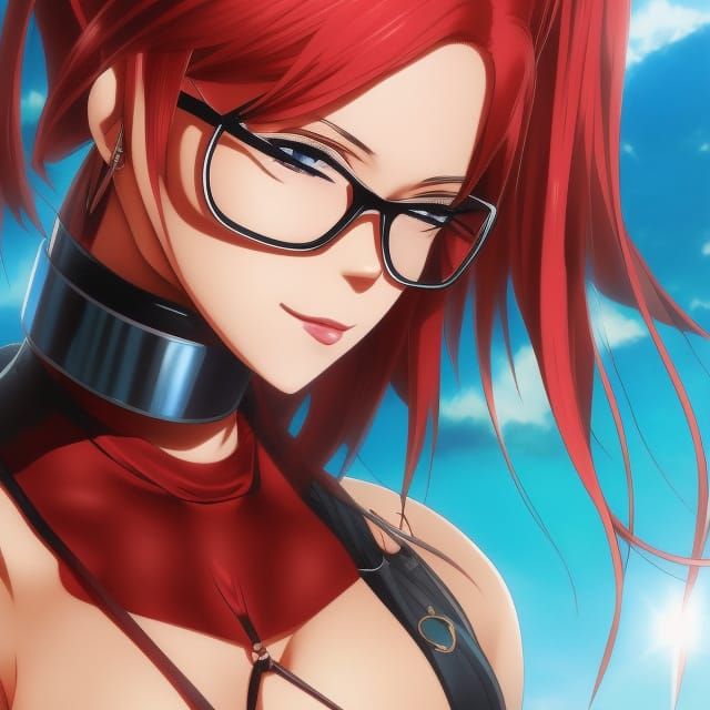Anime Woman with Red Hair and Choker