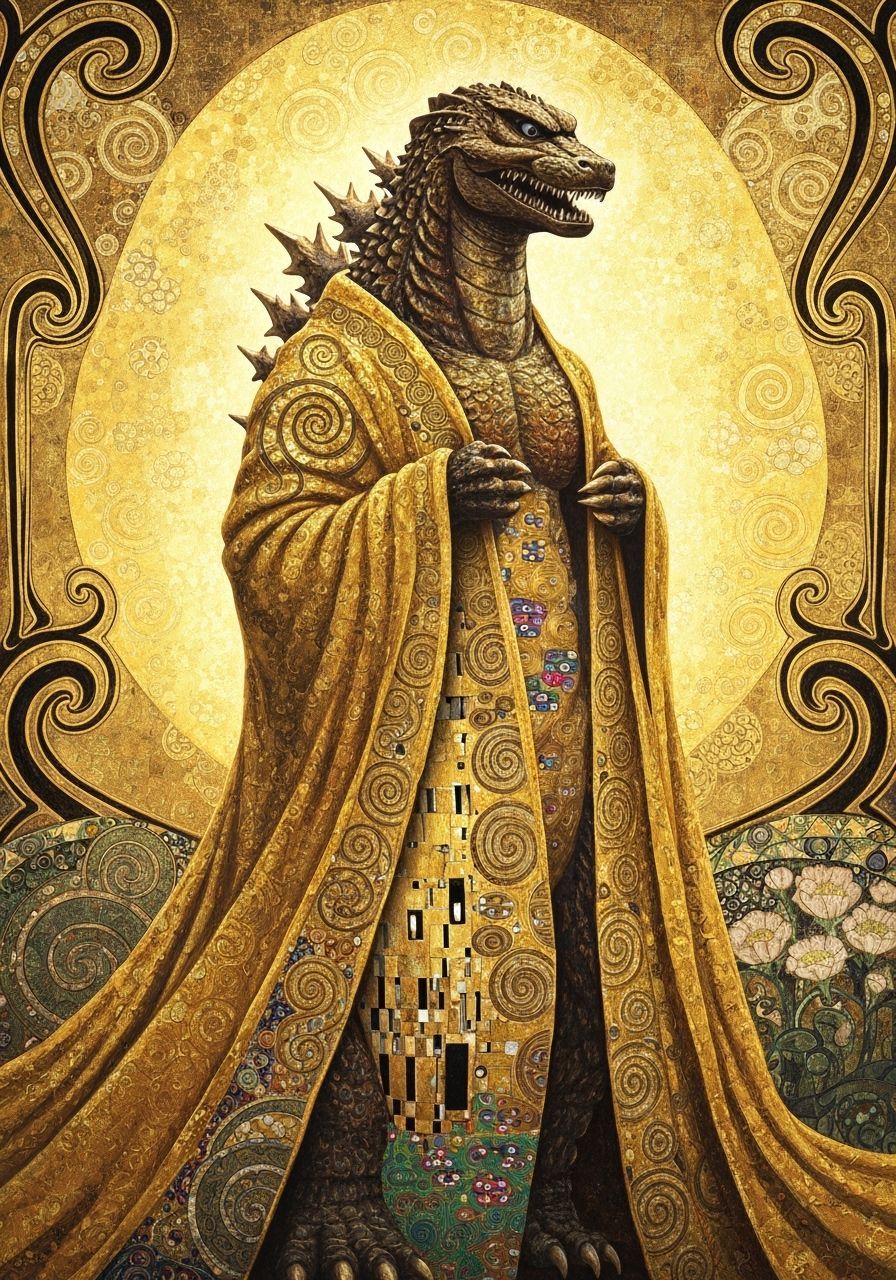 Godzilla as a Golden Icon in Klimt Style