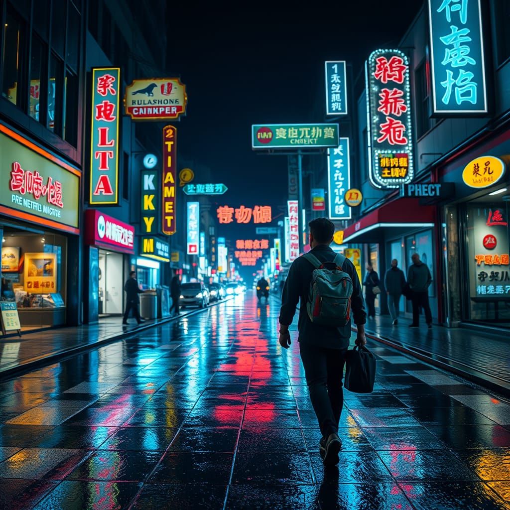 Neon-Lit Rainy Street at Night, Cinematic Wide-Angle